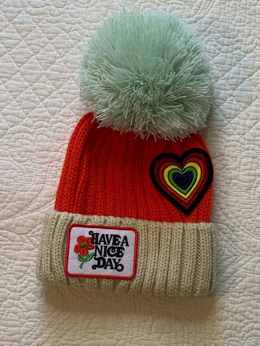 Free People Cozy Up Knit Retro Have a Nice Day Heart Hat Designed Children